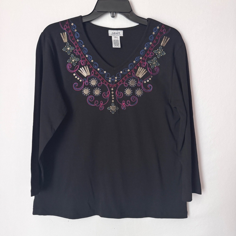 Graff By Um Company V-Neck Top Women Size M Black 3/4 Sleeve Boho Embroidered